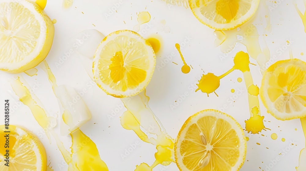 Poster creative layout made of lemon with watercolor spots on the white background flat lay food concept : 