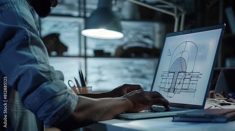 Poster Engineer and architect working together brainstorming and designing blueprint using laptop working with architectural software for precise digital interior or structure design Insight : Generative AI