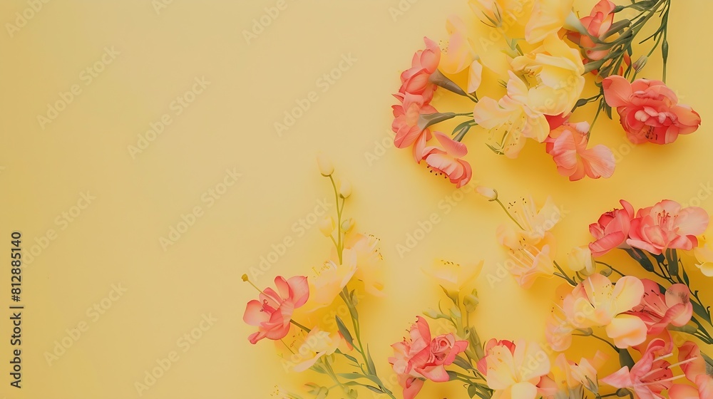 Poster top view image of flowers composition on pastel yellow background flat lay : generative ai
