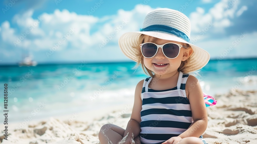 Wall mural pretty little girl in a striped dress and hat relaxing on the beach near sea summer vacation travel  - Wall murals