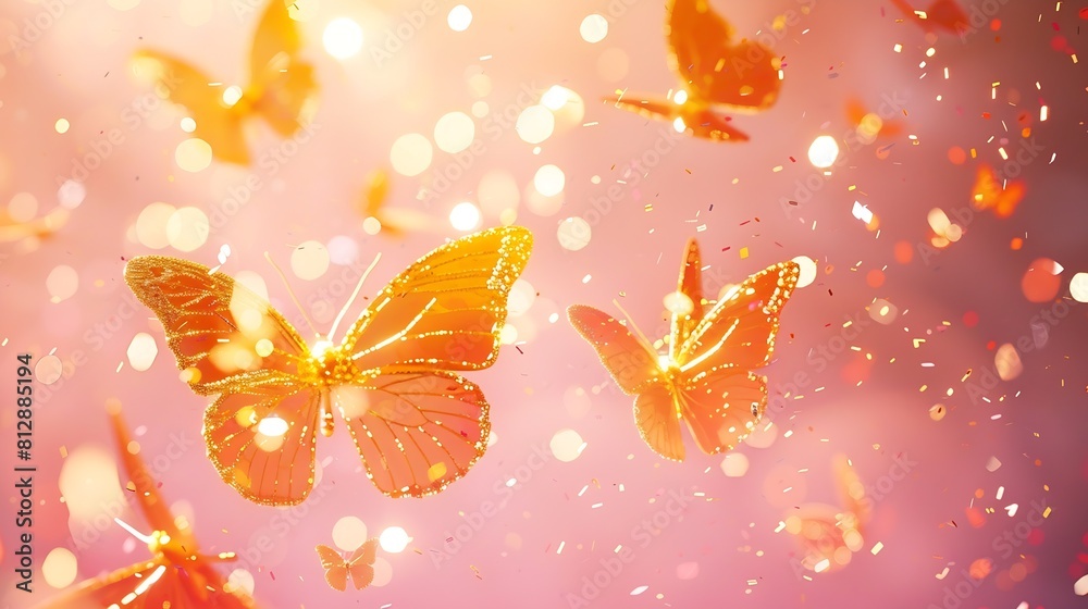 Poster Festive background made with gold tracery illuminating butterflies and with shiny confetti on pink Holiday concept Top view Template for your design : Generative AI