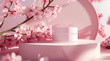 Round podium for cosmetic beauty product with cherry blossom flowers : Generative AI