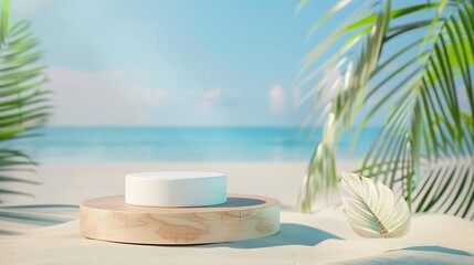 Obraz premium Summer product display on wooden podium at sea tropical beach : Generative AI