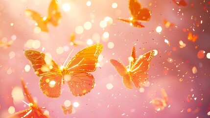 Obraz premium Festive background made with gold tracery illuminating butterflies and with shiny confetti on pink Holiday concept Top view Template for your design : Generative AI