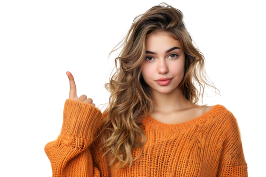 Confident woman dressed orange sweater pointing finger empty space on isolated transparent background