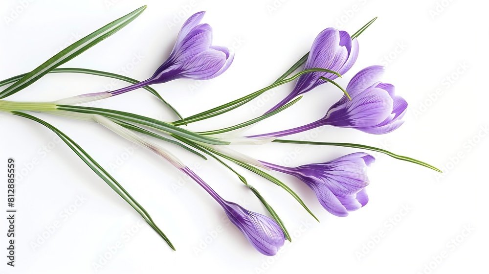 Poster Crocus spring flowers Lilac crocuses on stem with leaves creative layout isolated on white background Springtime themes Top view flat lay Design element : Generative AI