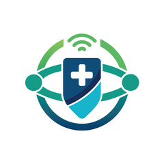 Fototapeta premium A modern shield featuring a prominent cross design in the center, Design a contemporary logo for a telemedicine service, minimalist logo