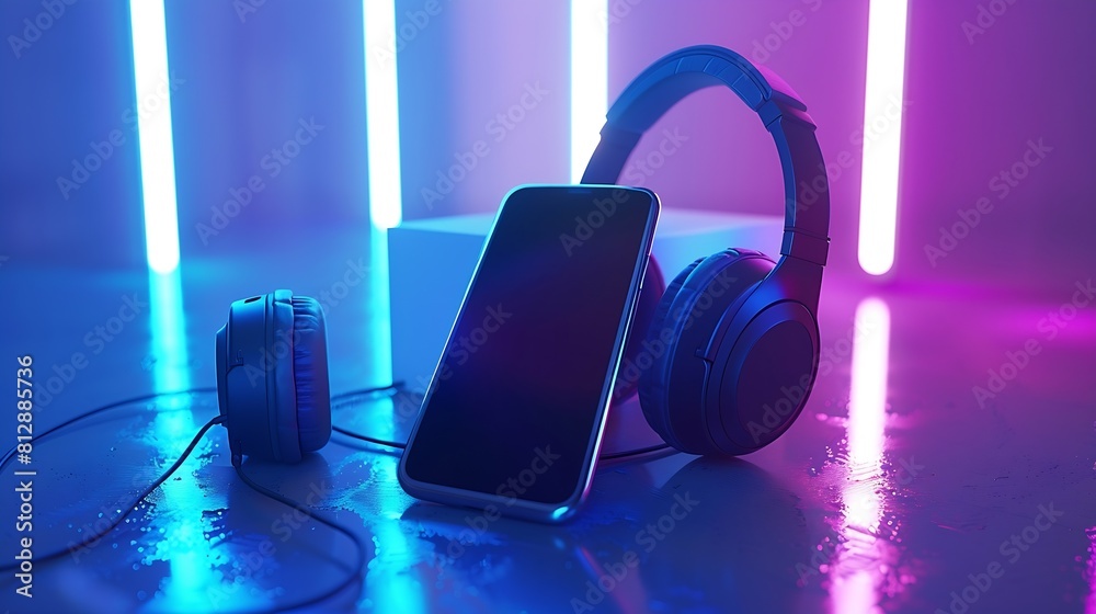 Poster mobile phone screen mock up and headphones : generative ai