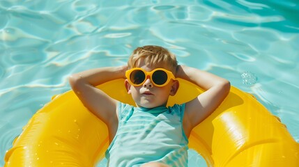 Happy nine years old caucasian child boy in yellow sunglasses having fun on inflatable ring air mattress in swimming pool Kid water toys summer holiday resort Family beach vacation : Generative AI