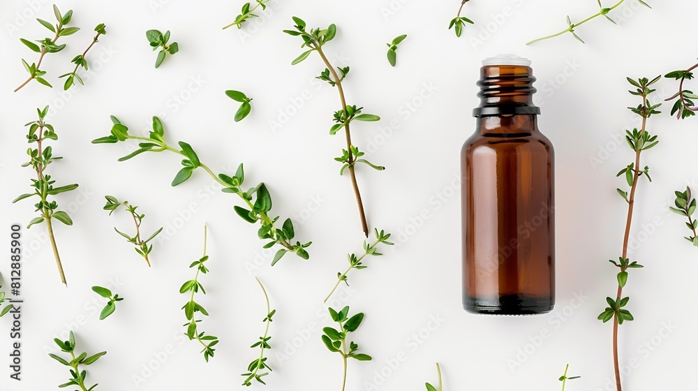 Poster thyme essential oil in bottle fresh branch and leaves isolated on white background creative layout t
