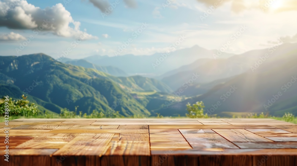 Poster Wood table top stand with blur mountain landscape view background in spring Food product display with nature concept backdrop : Generative AI
