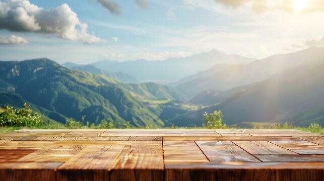 Wood table top stand with blur mountain landscape view background in spring Food product display with nature concept backdrop : Generative AI