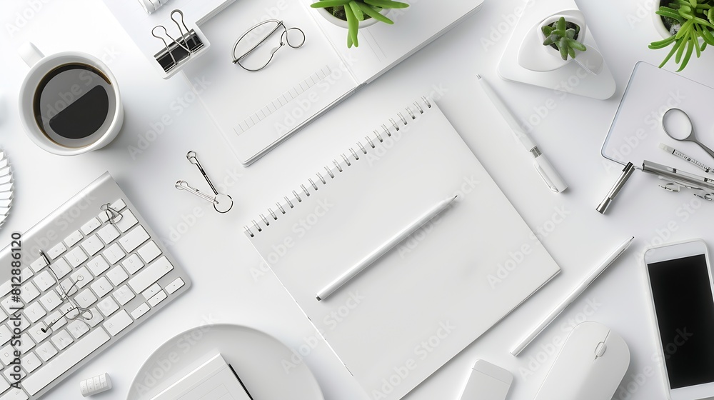 Aufkleber White office desk table with blank notebook computer keyboard and other office supplies Top view with copy space flat lay : Generative AI