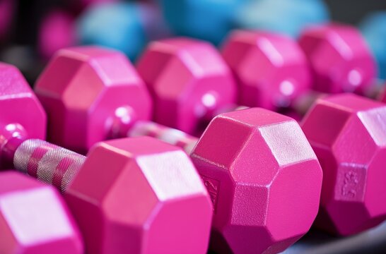 Pink dumbbells on gym rack