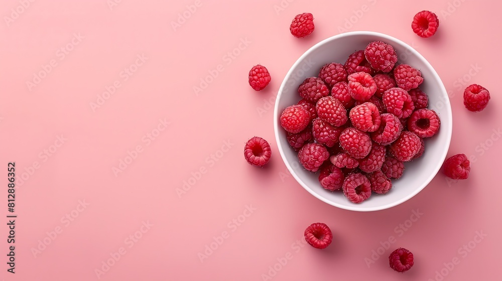 Aufkleber fresh raspberries in white bowl on pastel pink background flat lay top view copy space : generative 
