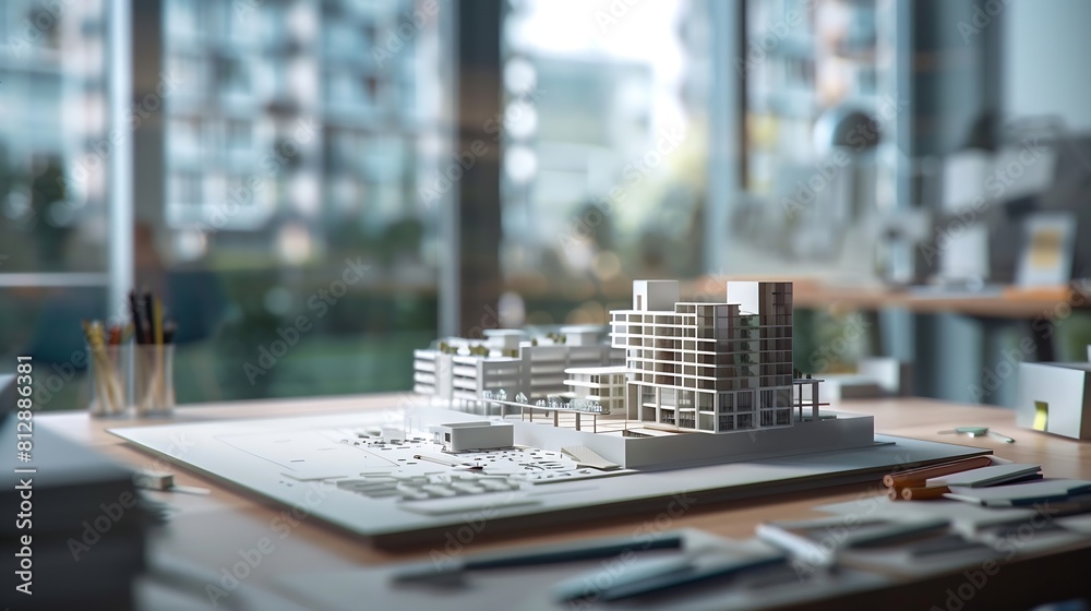 Poster Empty office with building model and tools to design construction layout for urban project Nobody in architectural space with maquette and 3d real estate property plan Modern developme : Generative AI