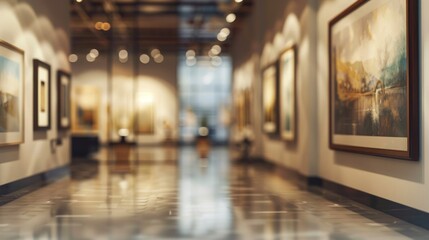 Interior view of an art gallery with blurred paintings on the walls, warm lighting, and shiny tiled...