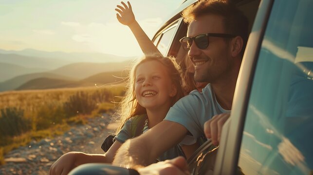 Happy family travel by car People having fun in the mountains Father mother and child on summer vacation : Generative AI
