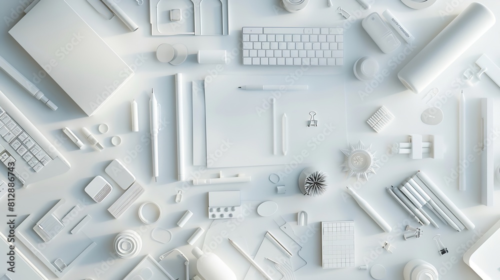 Leinwandbilder white office desk table with a lot of things on it top view with copy space : generative ai