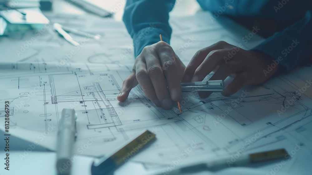 Poster Architect or engineer working on building blueprint contractor designing and drawing blueprint layout with tool for construction project Civil engineer and architecture design concept  : Generative AI