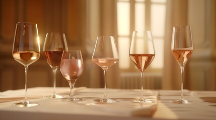 Glasses with rose wine On a table with a light tablecloth are five glasses of different shapes and sizes with rose wine A wine cellar is visible in the background : Generative AI