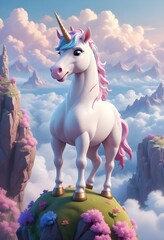 Colorful unicorn standing on a green cliff in the sky