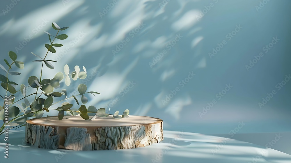 Leinwandbilder Abstract empty Wood slice podium with eucalyptus leaves and shadows on blue background Mock up stand for product presentation 3D Render Minimal concept Advertising template : Generative AI