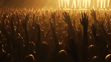 The happy crowd in a concert hall. Silhouettes of raised hands hyper realistic 