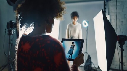 Woman looking at fashion photography portfolio on tablet computer : Generative AI