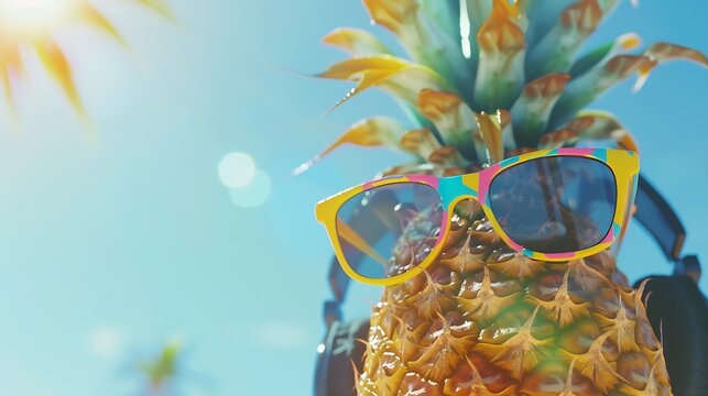 Summer party Pineapple wearing sunglasses and listen to music on beach and blue sky background Tropical fashion Summer Fashion on holiday concept : Generative AI