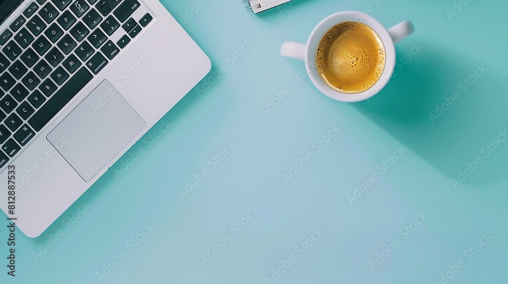 Poster minimal work space creative flat lay photo of workspace desk top view office desk with laptop notebo