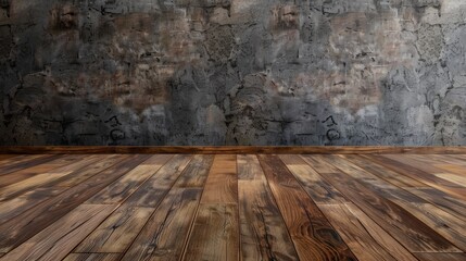The photo shows a dark, empty room with wooden floor and a concrete wall. The room is poorly lit and has a dirty, grungy look.