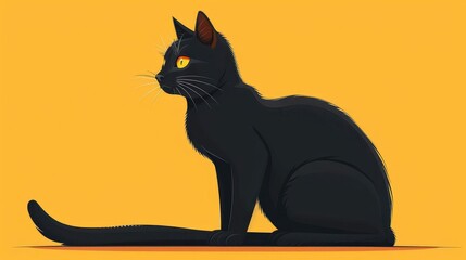 black cat flat design, side view, superstition theme, cartoon drawing, tetradic color, no people, animal, indoors, yellow, no people, indoors, indoors