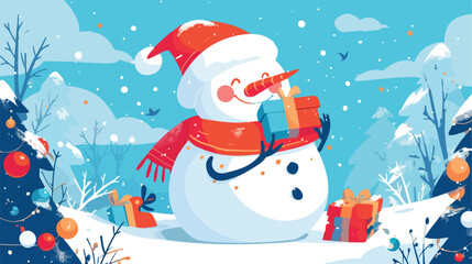 Funny Christmas postcard with snowman 2d flat carto