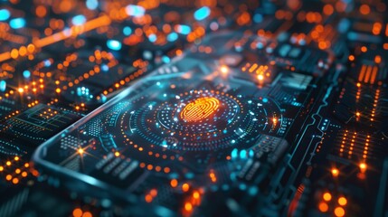 Unlock personal financial data with futuristic biometric fingerprint scanner on bobile phone. Surveillance and security scanning of digital programs for cyber applications. secure identity data access