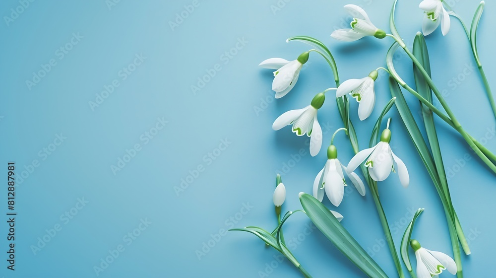 Aufkleber creative layout made with snowdrop flowers on bright blue background flat lay spring minimal concept
