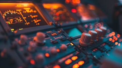 Emergency frequency selected active in the radio panel of modern jet airplane Airliner cockpit details : Generative AI