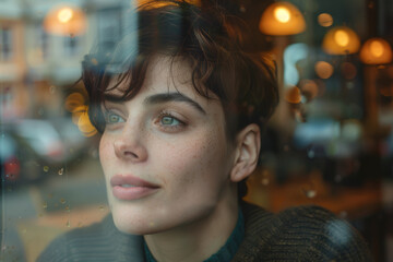 Portrait of a transgender woman, thoughtfully looking out of a coffee shop window, urban setting. AI generated.