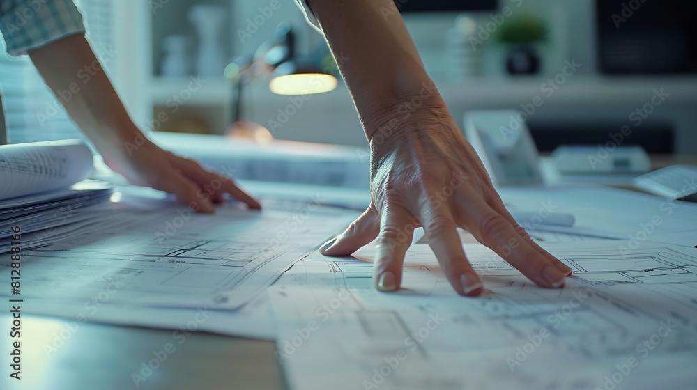 Poster architects interior designer hands working with blue prints and documents for a home renovation for 