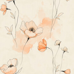 A pattern watercolor painting of soft peach color flowers with a soft beige background