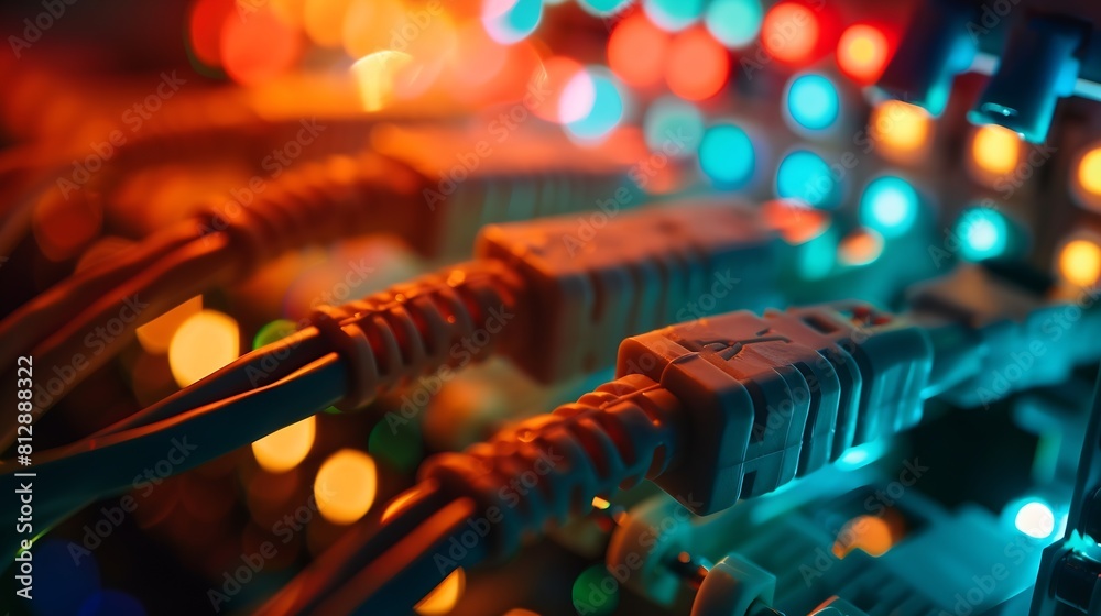 Poster Network cables and hub close up various ethernet cables plugged in network switch : Generative AI
