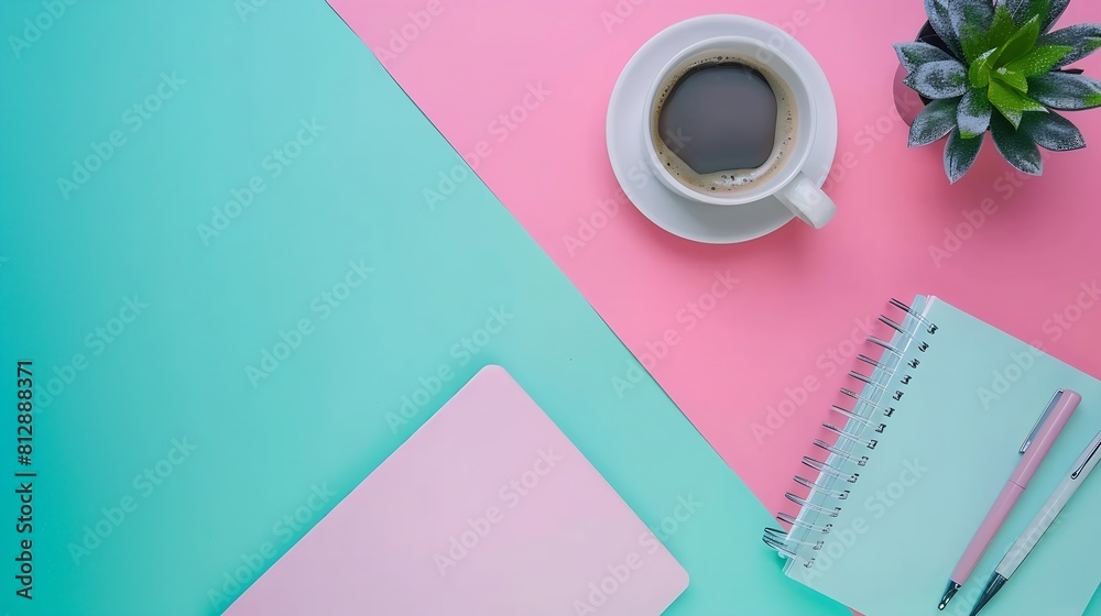 Leinwandbilder creative flat lay photo of workspace desk top view office desk with mock up notebooks plant coffee c