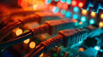 Network cables and hub close up various ethernet cables plugged in network switch : Generative AI