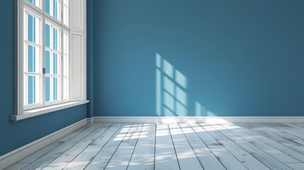 Obraz premium The image shows an empty room with blue walls and a white floor. There is a single window on the left side of the room.