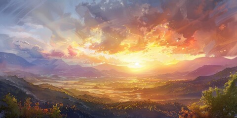 Obraz premium Scenic artwork depicting vibrant sunset behind rugged mountains. Landscape painting concept