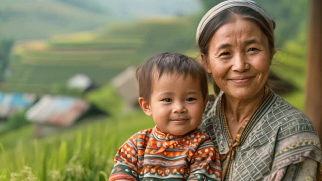 Vietnamese mother and child Terraced rice spa There are children in the background.