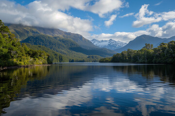 A serene lake in the Takapoto National Park, New Zealand with snowcapped mountains and lush greenery reflecting on its calm waters, blue sky with fluffy white clouds overhead, capturing nature's beaut
