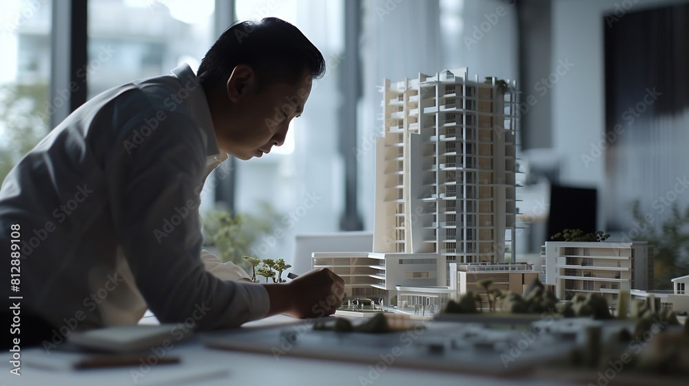 Poster Man architect working in office on creation of new residential complex designing layout of buildings : Generative AI