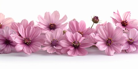 Many delicate pink flowers on a white background.