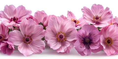 A stunning assortment of pink flowers on a white background, showcasing the elegance and beauty of nature in full bloom.